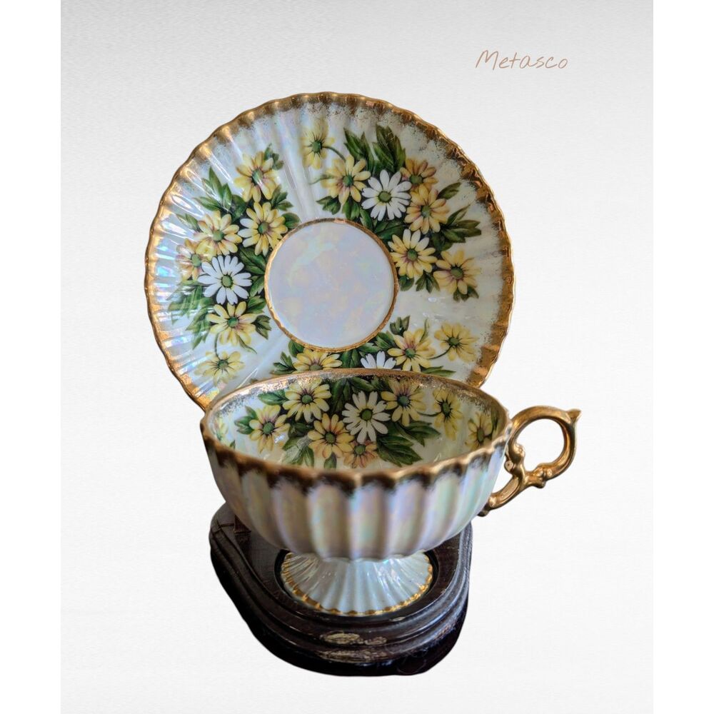 Vintage Metasco Japan Lusterware Teacup & Saucer Gold Trim Iridescent